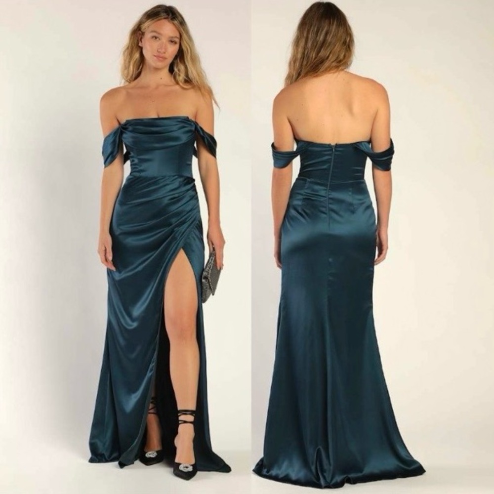 Lulus NWT‎ Stunning Arrival Dark Teal Satin Off-The-Shoulder Maxi Dress, Size M